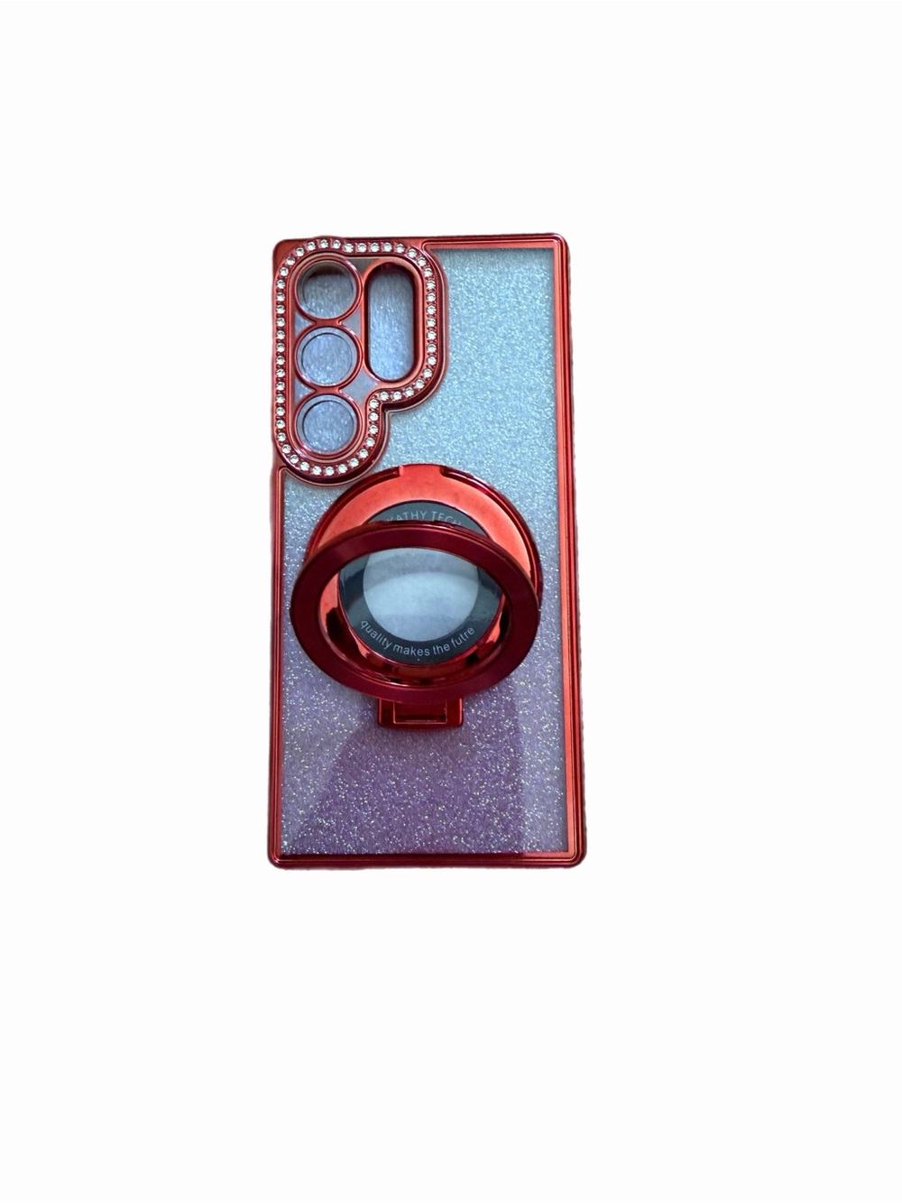 Red Glitter Phone Case with Ring Stand and Rhinestone Camera Samsung S25 ultra